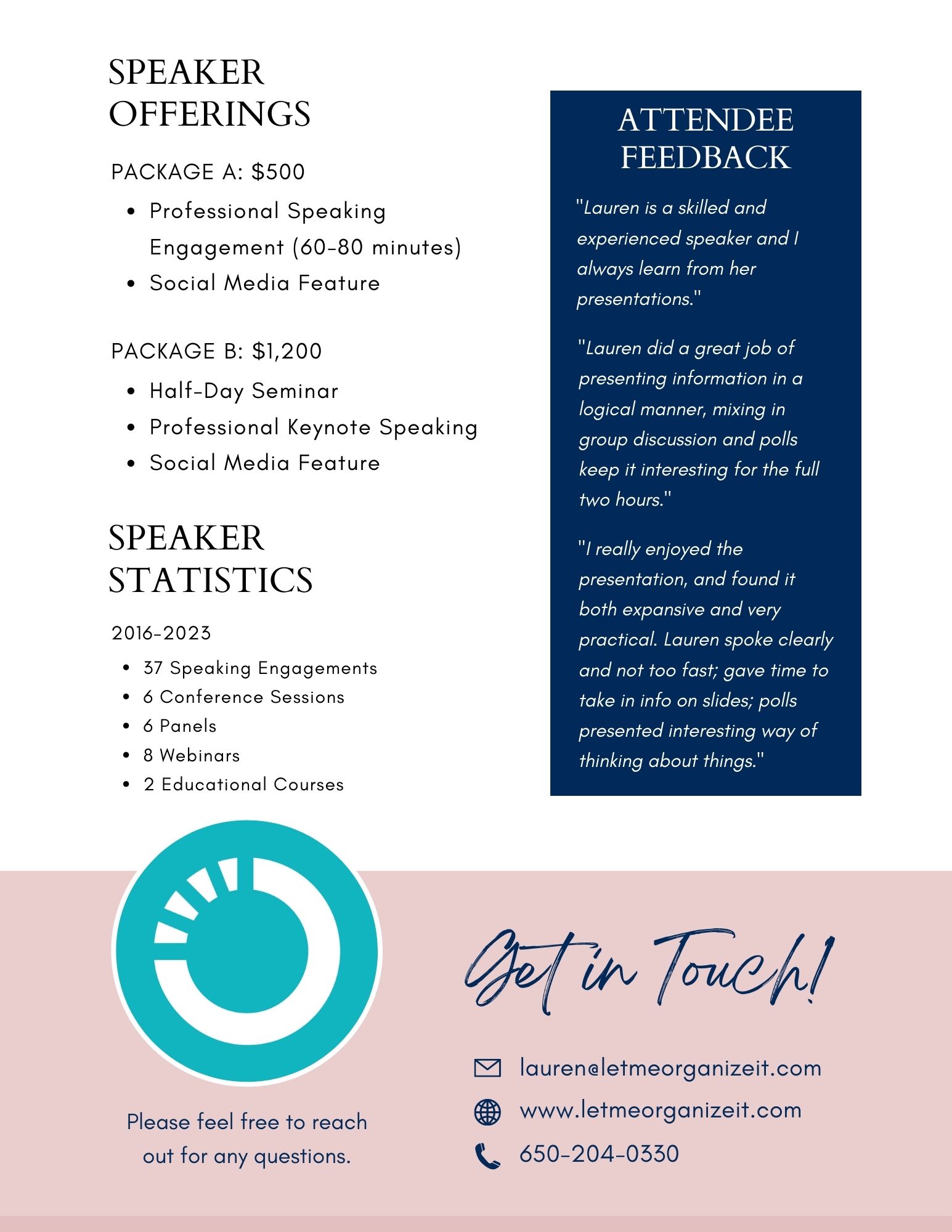 Speaker One Sheet for Lauren Mang including offerings/prices, speaker statistics, feedback, and contact information.