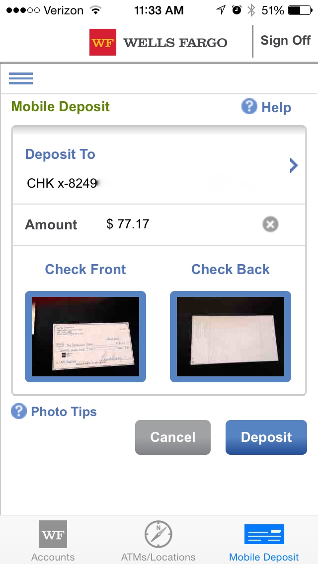 WF Mobile Banking App with photos of checks