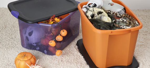 Festive purple/orange and black bins from Sterilite for your Halloween decorations