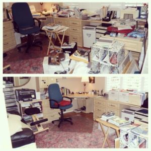 Image of the before and after of an office organization for Let Me Organize It's very first client from June 2014.