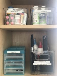 One mom keeps her kids' hair supplies in the kitchen for easy and efficiency in the mornings.