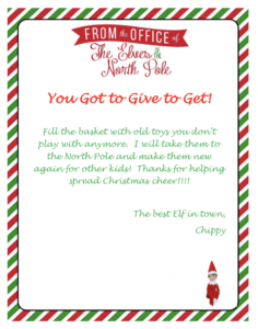 Chippy the Elf on a Shelf delivers a letter to kids that You Got to Give to Get!